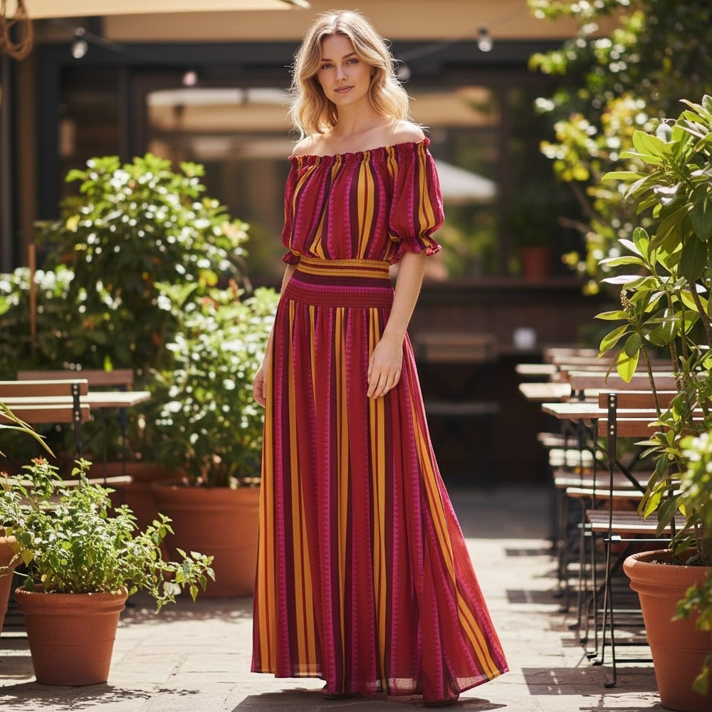 Anupamaa Silk Maxi Dress Womens XS Red Multi‎ Stripe Puff Sleeve Boho Geometric